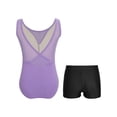 thumbnail image 2 of Moggemol Kids Girls Sheer Mesh Patchwork V-Back Dance Unitards Solid Color Sleeveless Bodysuit with Botty Shorts Set Purple 8, 2 of 7
