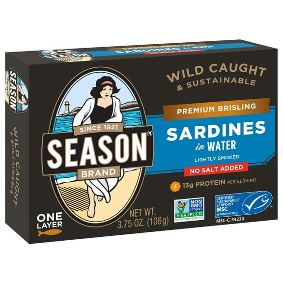 SEASON Wild Caught Brisling Sardines in Water, No Salt Added - 3.75 Oz, 12 Pack