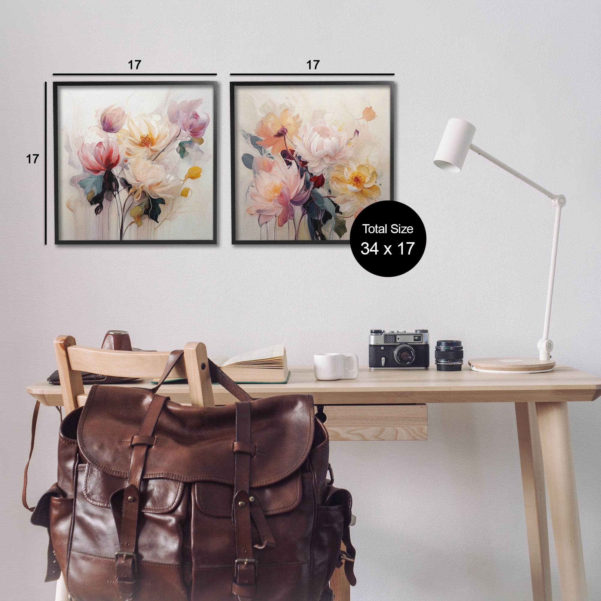 Stupell Industries Soft Blooms on Beige Botanical & Floral Painting Black Framed Art Print Wall Art, 17 x 17, Set of 2