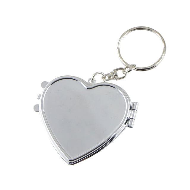 Llavero con espejo portátil y espejo de maquillaje compacto de bolsillo plegable de doble cara (plateado, forma de corazón)