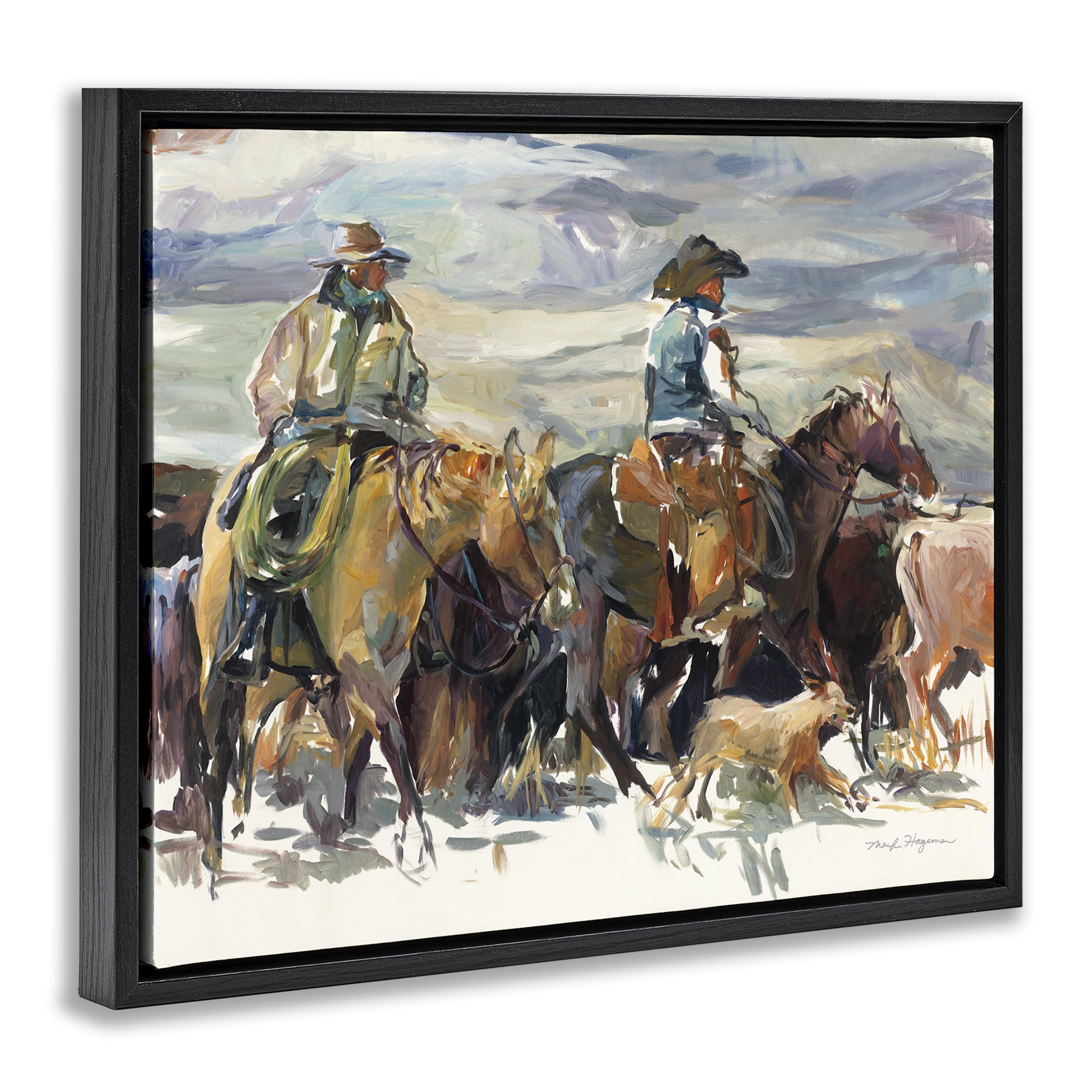 Stupell Industries The Roundup Western Painting Animals Painting Black Floater Framed Canvas Art Print Wall Art, 31 x 25