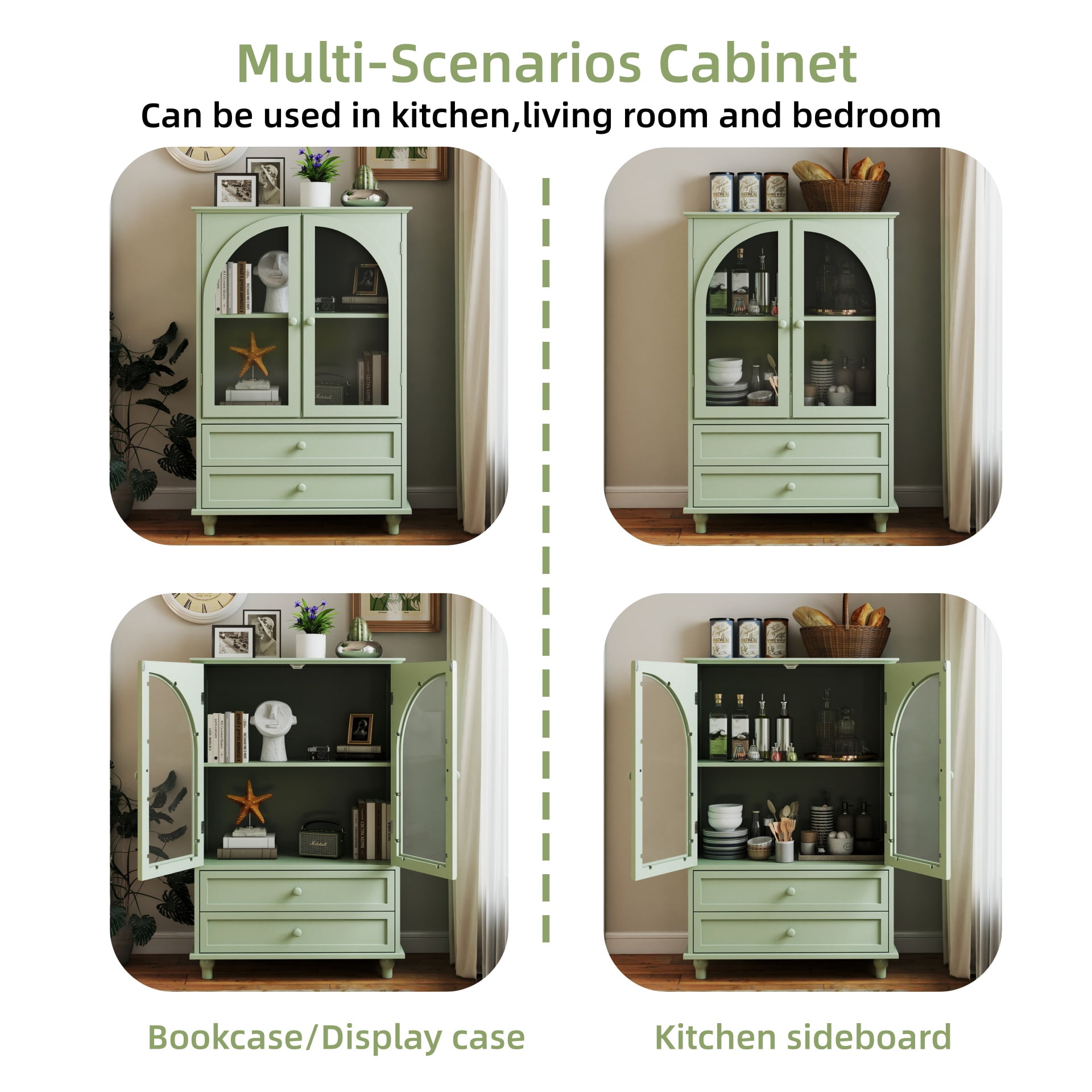 Aukfa Buffet Pantry Cabinet,Arched Glass Door Wood Sideboard Storage Cabinet for Dining Room Hallway Entryway,Green