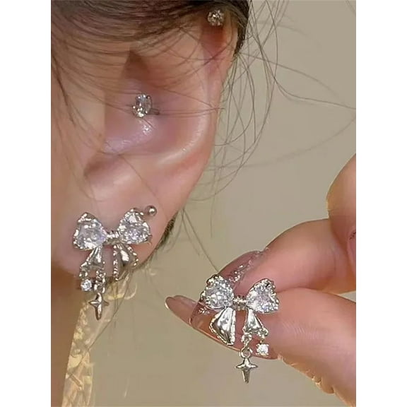 Y2K Bowknot Zircon Stud Earrings for Women Fashion Korean Silver Color Pink Crystal Personality Earring Lady Party Jewelry Gifts