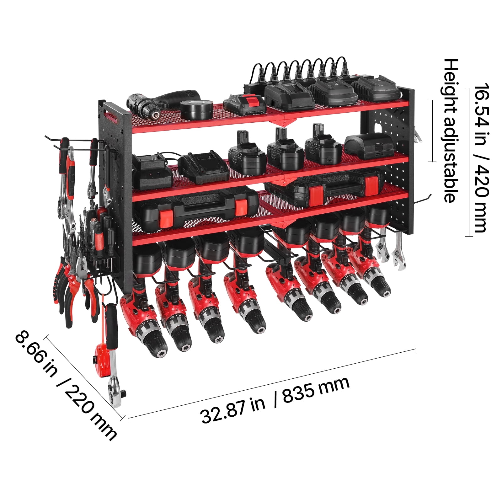 KFFKFF 4-Layer Power Tool Organizer with Charging Station, Drill Storage Rack with 8 Slots & Side Pegboard, Garage Organizer with Built-in 8-Outlet Power Strip for Workbench, Workshop, and Garage