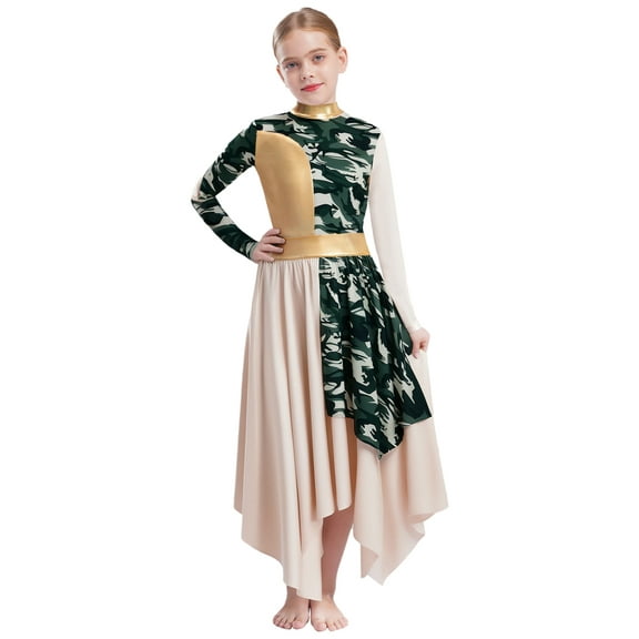 TSSOE Kids Girls Worship Praise Dance Dress Long Sleeve Irregular Tunic Liturgical Church Robe Performance Dancewear Beige 12