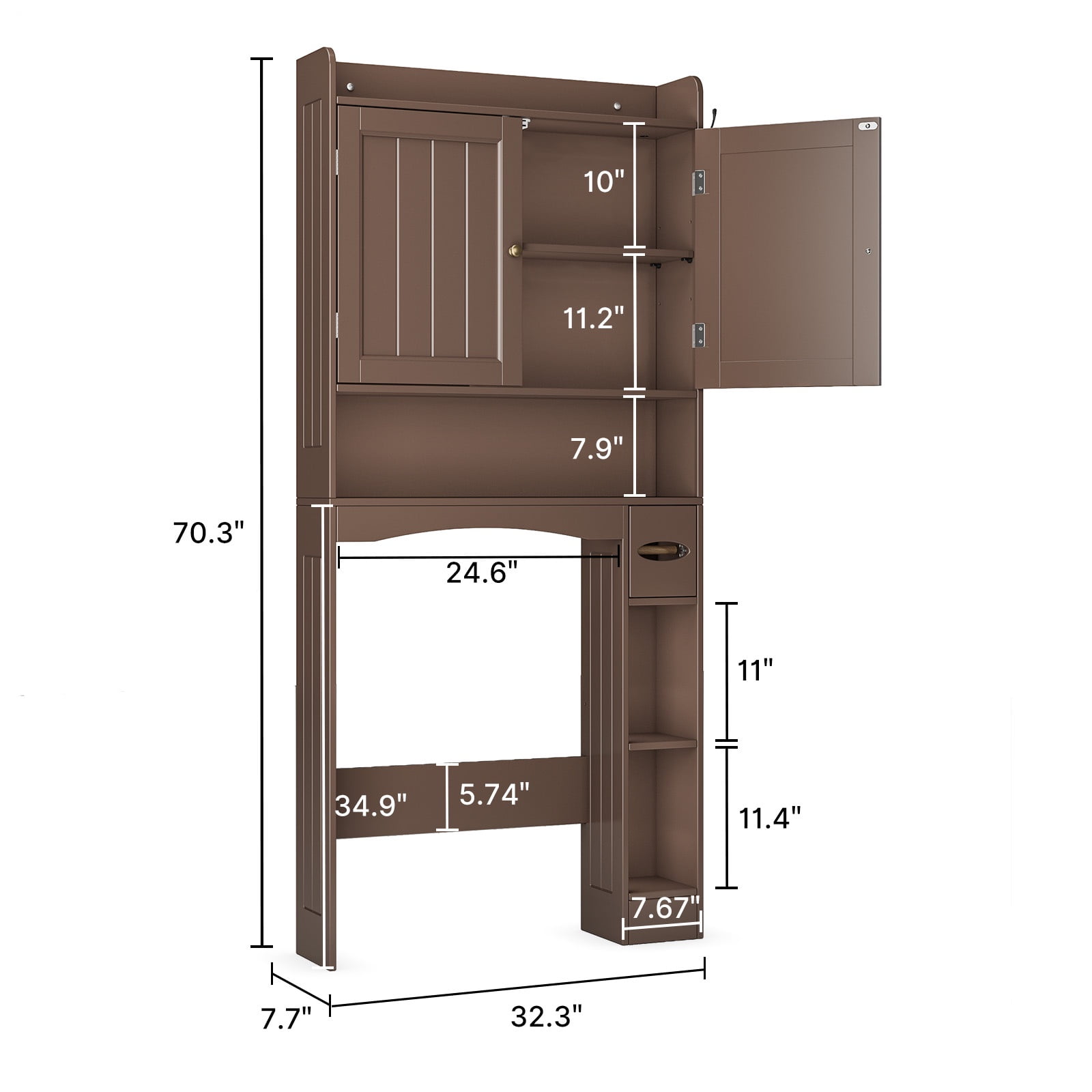 Noelse  Over the Toilet Storage Cabinet, Over Toilet Bathroom Organizer with 2 Doors, Adjustable Shelves, Toilet Paper Holder, 2 Side Hooks, Space-Saver for Bathroom, Laundry, Brown