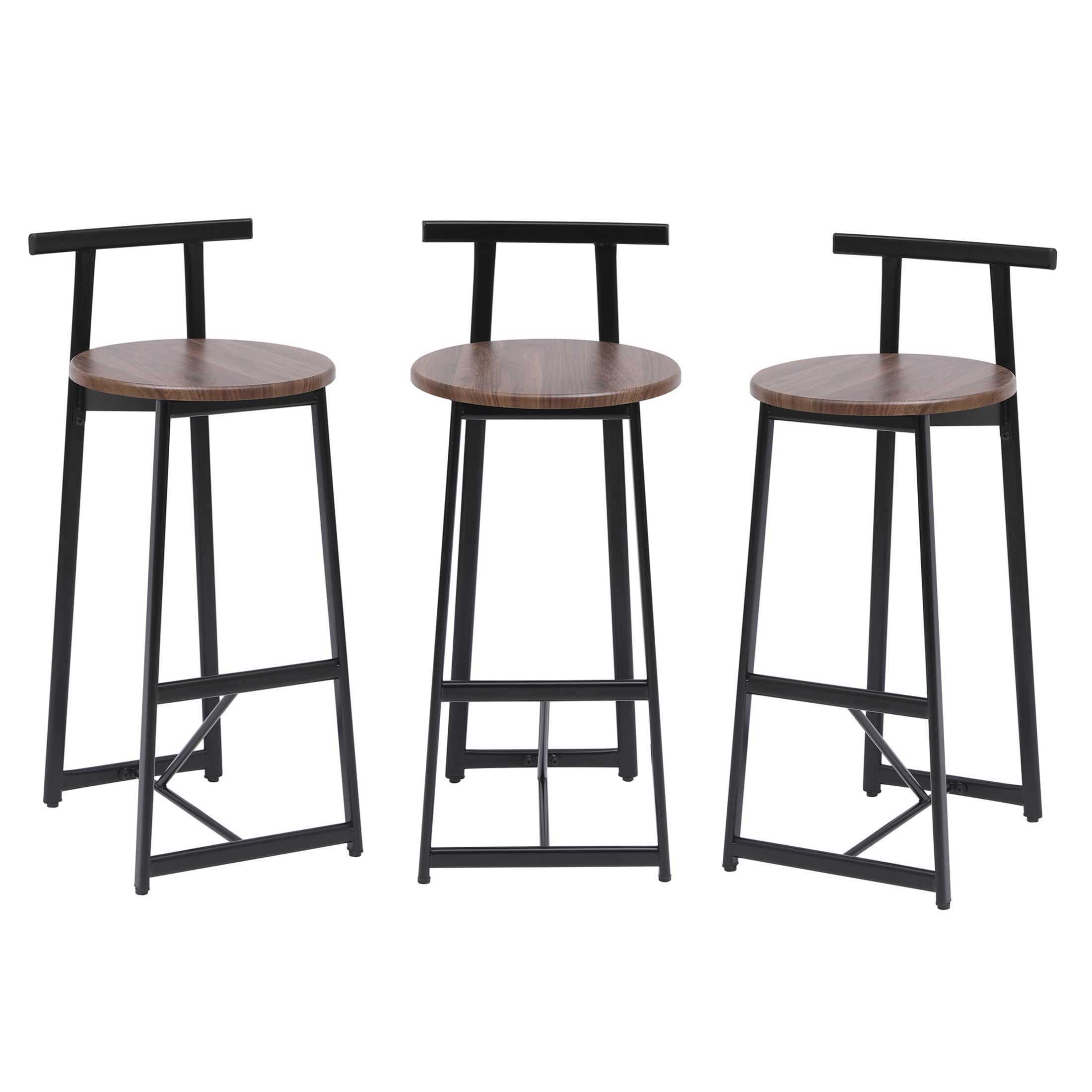 Noble House 34.25" Counter Height Bar Stools Set of 3 with Backrest & Footrest, Metal Frame, Black+Walnut