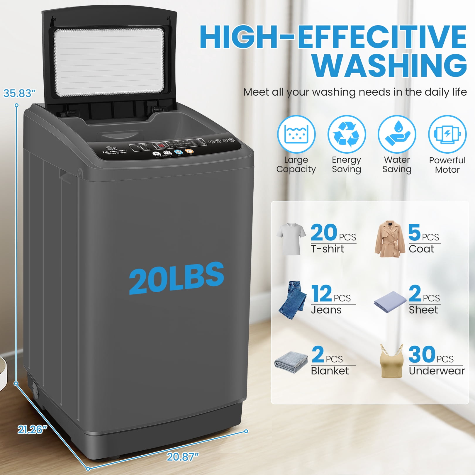 Veeboto Portable Washing Machine, 20LBS Full Automatic Washer Machine with Drain Pump, 10 Programs & 8 Water Levels for Dorm, Apartment, Home, Grey