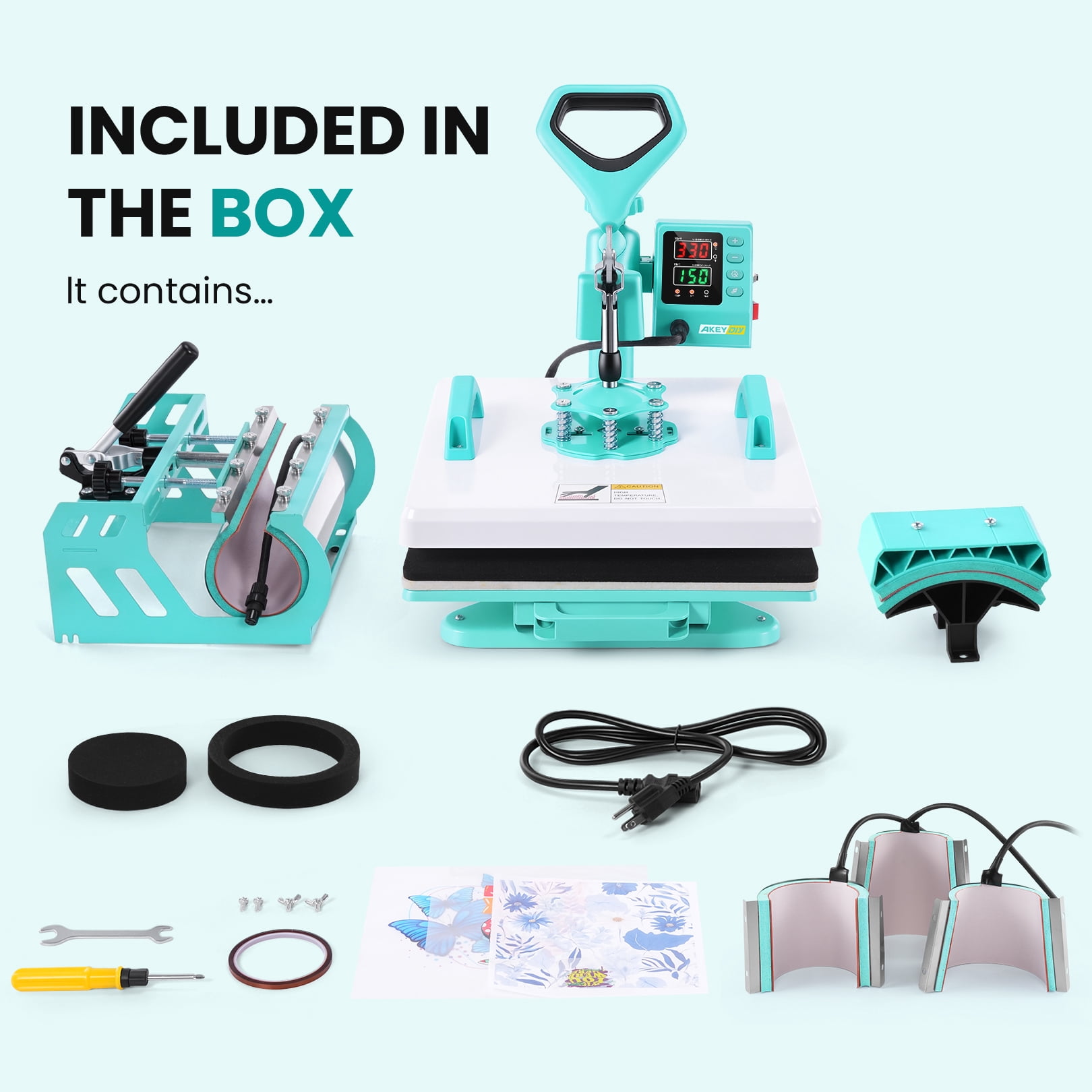 Adnoom Heat Press 15x15, 8 in 1 Multifunctional Shirt Press Machine Combo, 360° Swing Away Sublimation Heat Transfer with LED Display for T-shirts Mugs Hat Plate Cap, Green