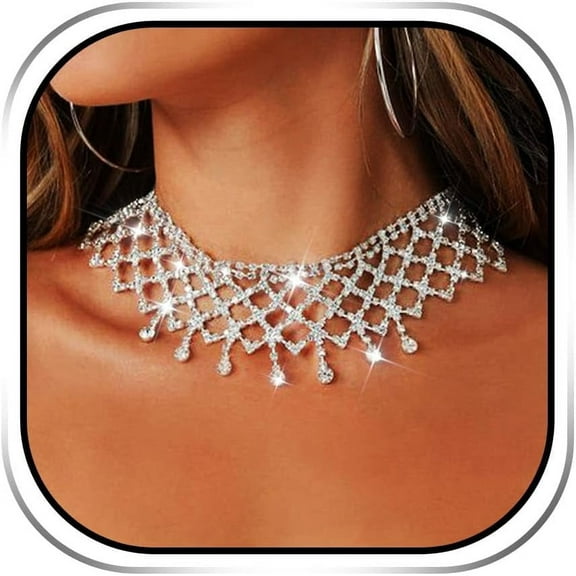 Rhinestone Chunky Choker Necklace Silver Sparkly Diamond Jewelry for Women