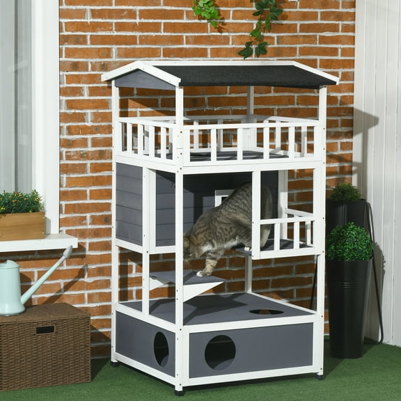 PawHut Wooden Outdoor Cat House, Feral Cat Shelter Kitten Tree with Asphalt Roof, Escape Doors, Condo, Jumping Platform, Grey