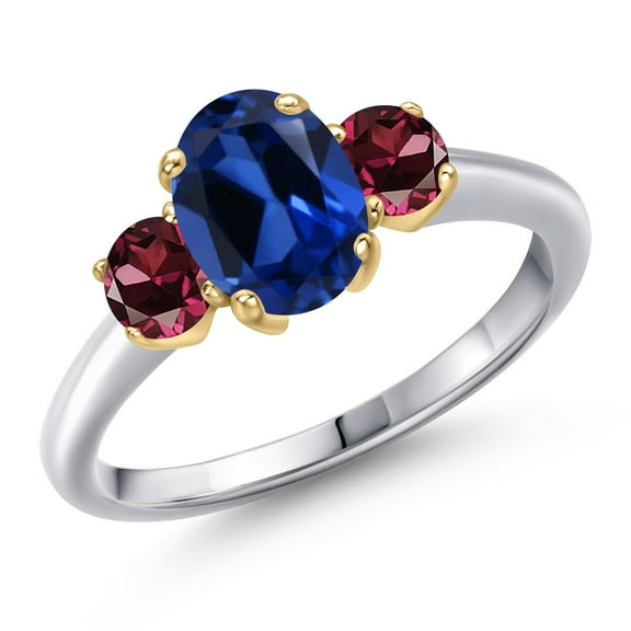 Gem Stone King 10K Two Tone Gold Blue Created Sapphire and Red Rhodolite Garnet Engagement Ring for Women | 2.34 Cttw | Oval 8X6MM | Gemstone September Birthstone | Size 5