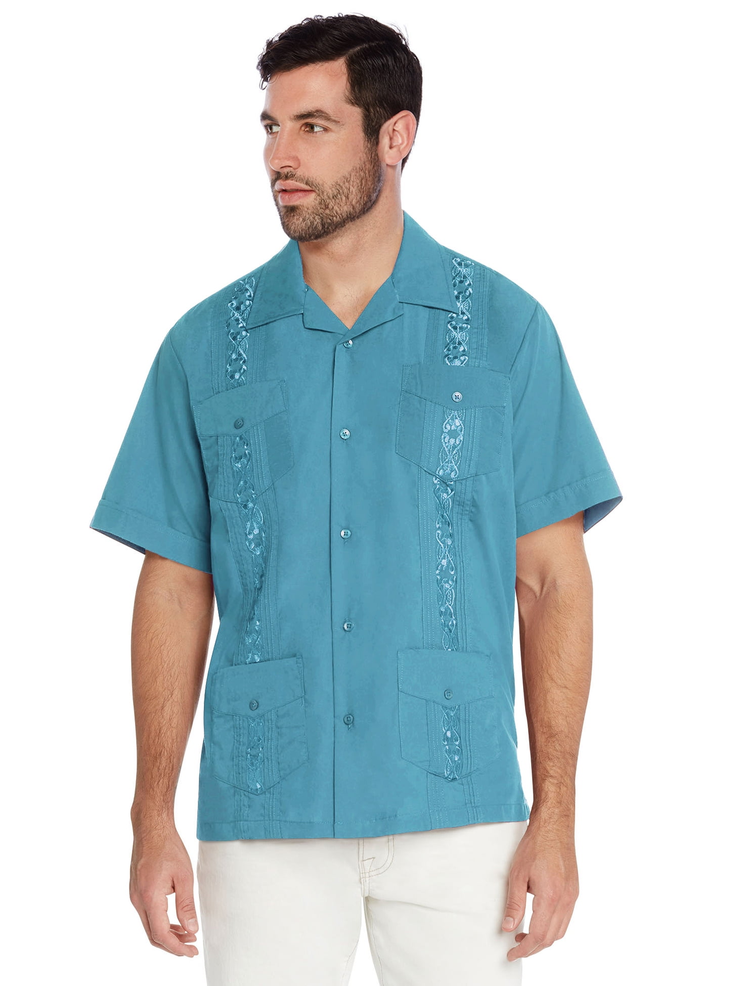 Vkwear Men S Guayabera Cuban Beach Wedding Casual Short Sleeve Dress Shirt Turquoise Xl Walmart Com