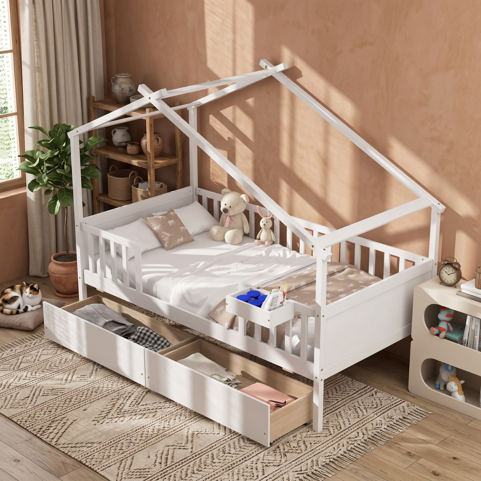 Furnibear Twin House Bed Frame with 2 Storage Drawers, Montessori Floor Bed with Roof Frame and Fence Rails for Kids Room, White