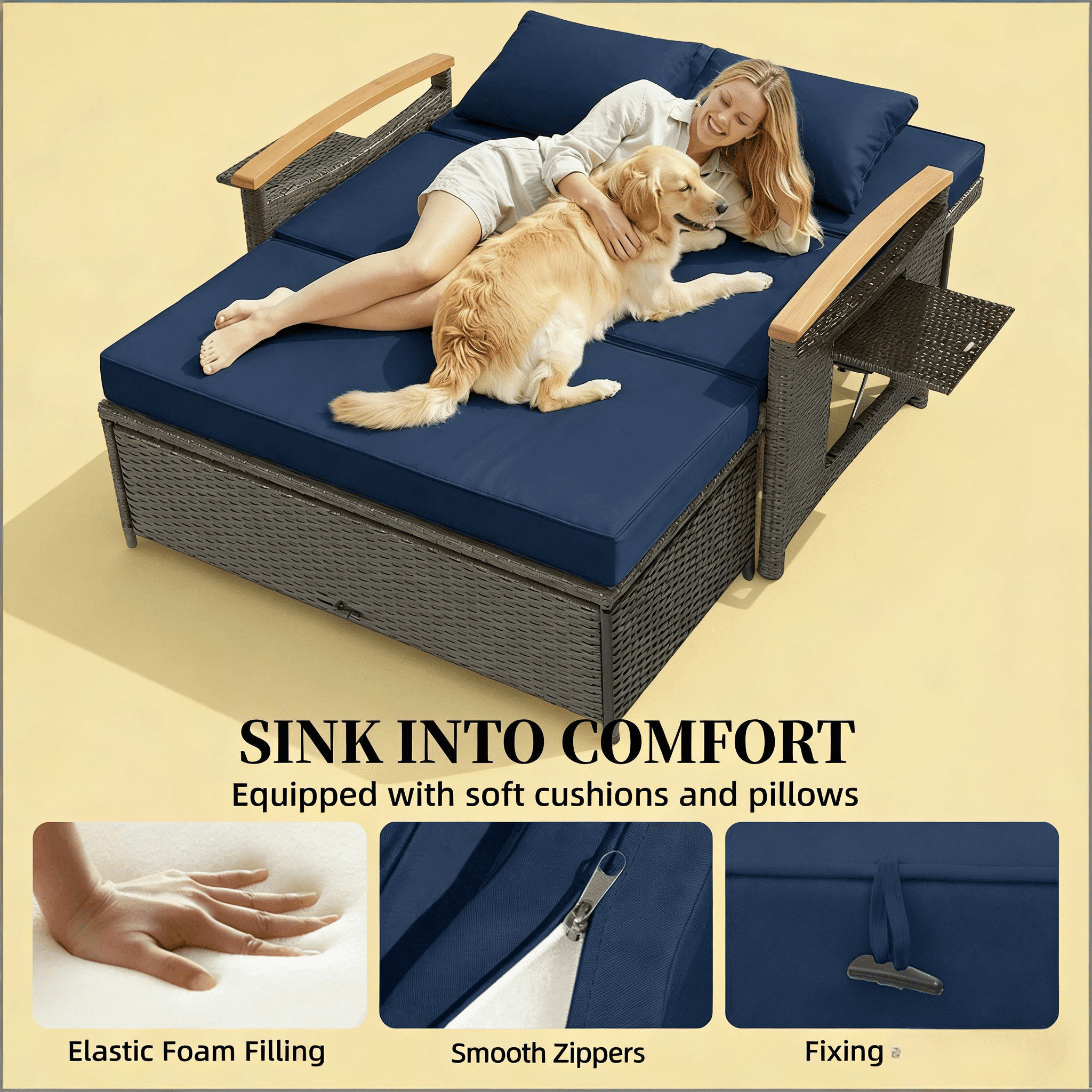 4-in-1 Rattan Outdoor Daybed with 4-Level Adjustable Backrest, Storage Ottoman and Side Tables