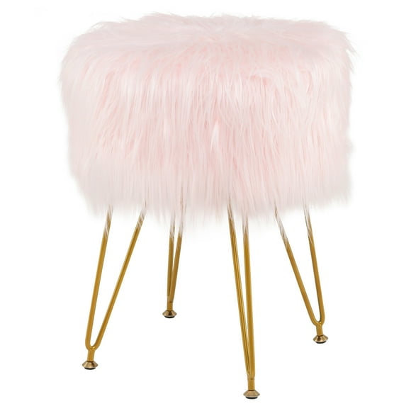 Giantex Faux Fur Vanity Stool Chair, Round Footstool Ottoman with Metal Legs, Fluffy Chair Footrest, Makeup Stool for Bedroom