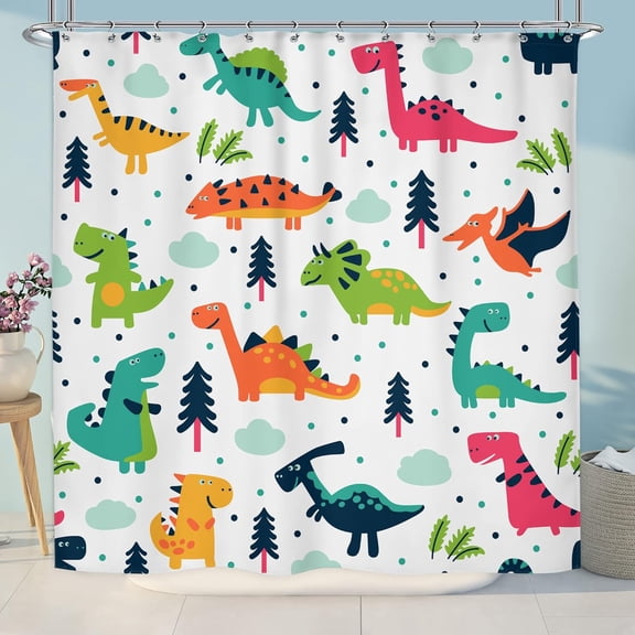 Kids Dinosaur Shower Curtain for Bathroom 72Wx72H Boys Cartoon Animal Colorful Dino Multi Color Child Wildlife 12 Pack Metal Hooks Decor Fabric Bathroom Polyester Waterproof RY-MSLQ