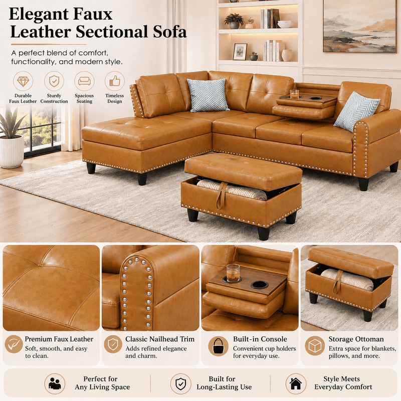 L-Shaped Sectional Sofa with Storage Ottoman, 4-Seat Modern Couch with Left-Facing Chaise and Built-In Cup Holders, Faux Leather Modular Sofa for Living Room, Apartment, Office