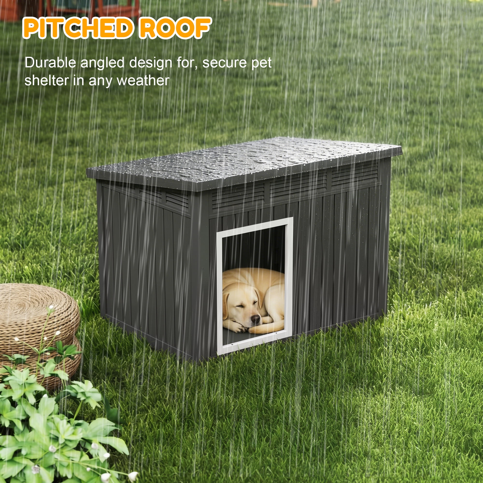 Nihsuao Waterproof Dog House for Medium to Large Dogs, Indoor Outdoor PP Kennel with Ventilated Design & Removable Roof, Easy to Clean, Black, 42.2"L x 30"W x 31"H