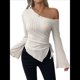 thumbnail image 2 of Top de Punto Ajustado con Hombros Descubiertos Y2K para Mujer, Top Asimétrico de Larga Acampanada Albaricoque L, 2 of 9