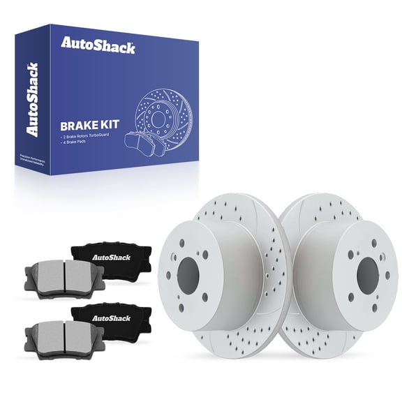 AutoShack Rear Solid Drilled & Slotted Coated Brake Rotors Silver Matte Finish   Ceramic Pads 6-PC Brake Kit Replacement for 2012-2017 Toyota Camry 2013-2018 Lexus ES350 TurboGuard 11.06" (281 mm)