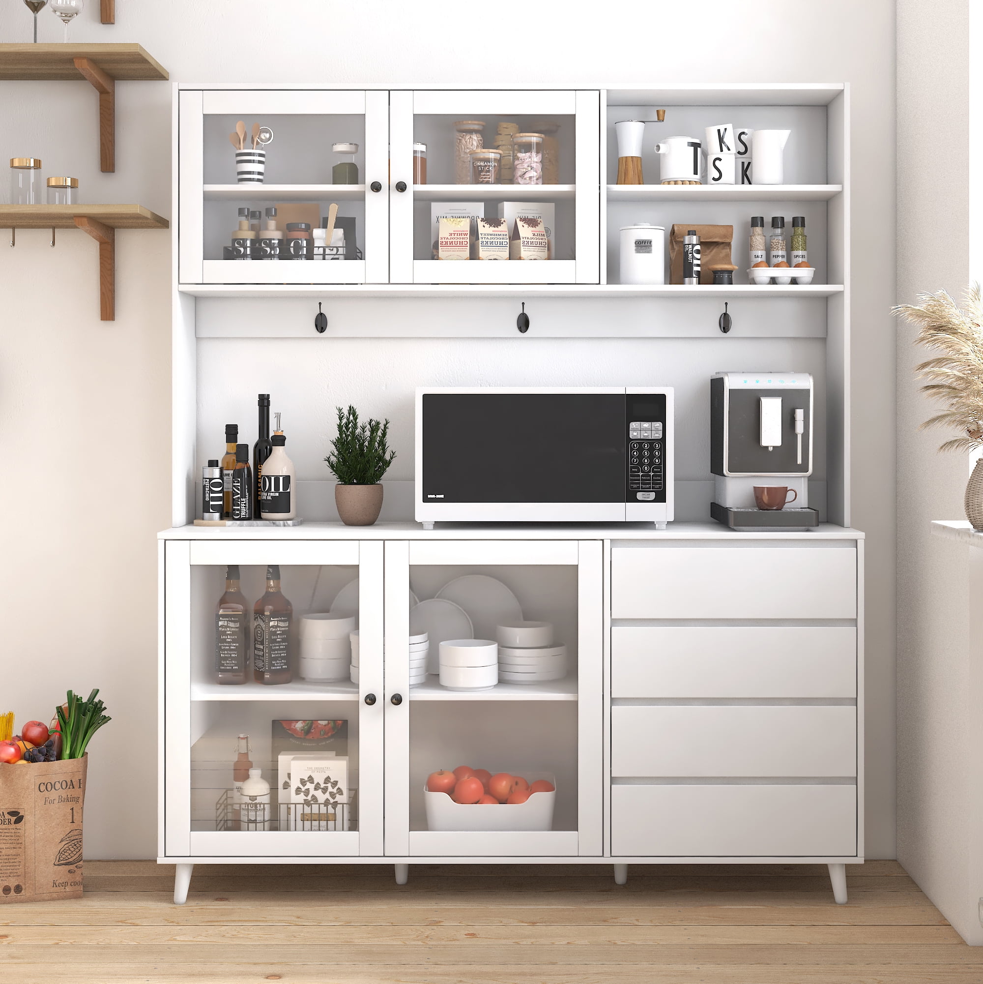 Mintazer 63" W Large Kitchen Hutch Cabinet with 4 Doors & 4 Drawers, Freestanding Pantry Storage with Microwave Shelf for Kitchen Dining Room, White