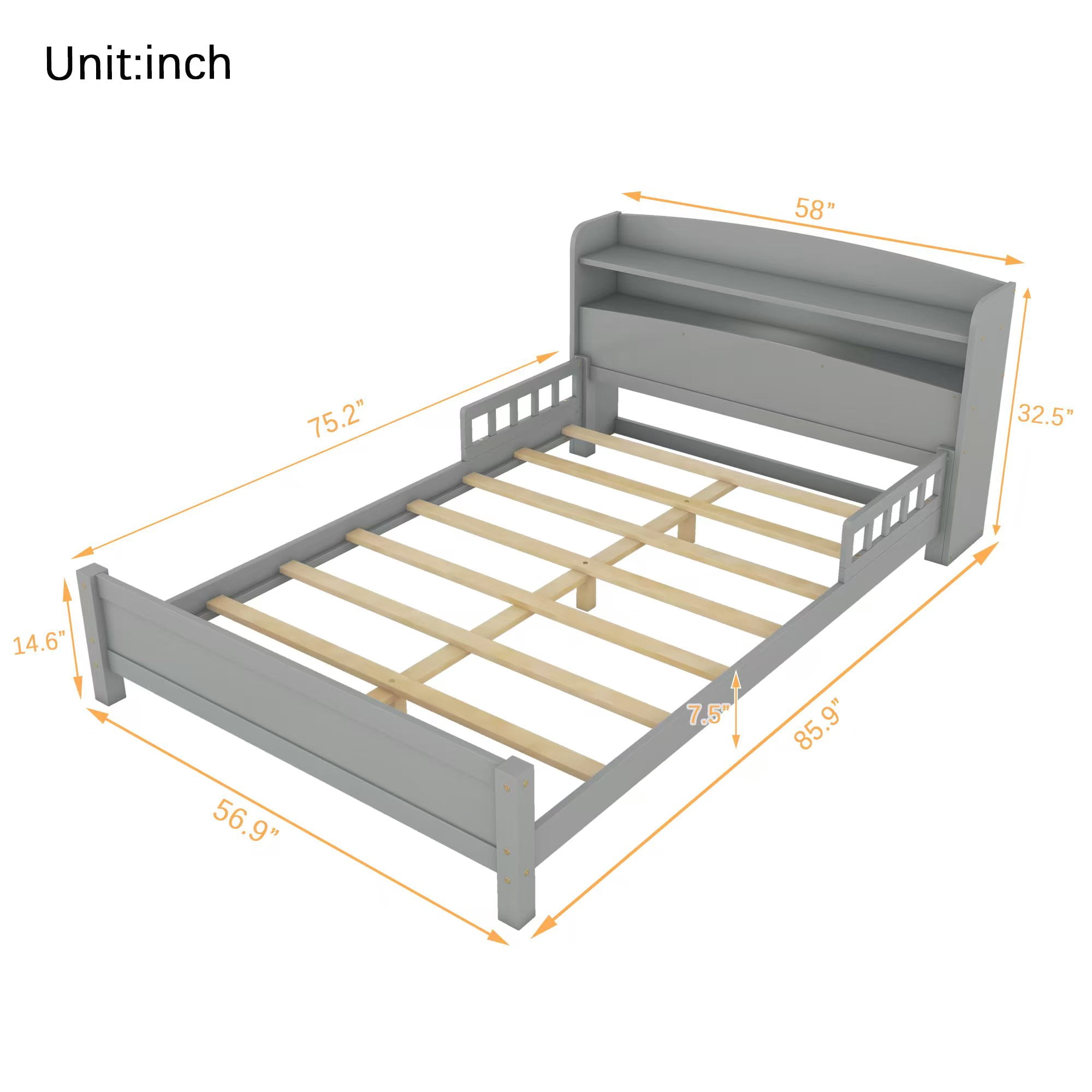 Alvantor Full Size Wood Bed with Bookcase Headboard, LED Sensor Light, Grey