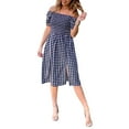 thumbnail image 2 of Qiylii Women Midi Dress, Elegant Short Sleeve Square Neck Plaid Summer Casual Daily Dress, 2 of 9