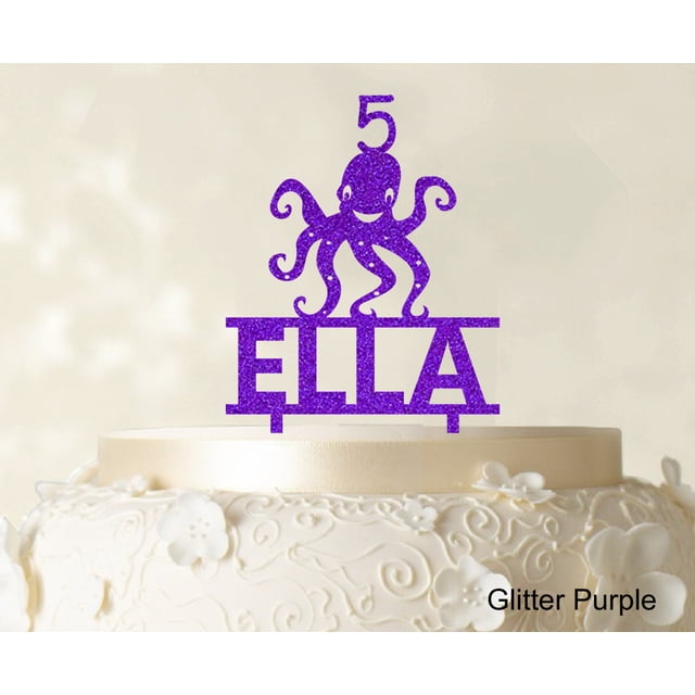 Birthday Custom Name Cake Topper With Octopus Figure Glitter Cake Topper Cake Decorations Color Option Available 6-7 Inches Wide