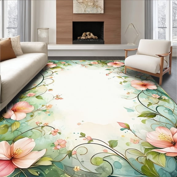 ODIKA 4'x6' Machine Washable Non-Slip Area Rug, Floral Blossom Rhapsody High Traffic Rug, Pink, 200023