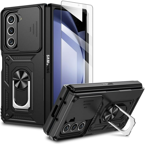 for Samsung Galaxy Z Fold 5 Case with Slide Camera Cover & Screen Protector, Phone Case Built-in 360° Rotate Ring Stand Heavy Protective for Samsung Z Fold 5 5G Case Accessories Black