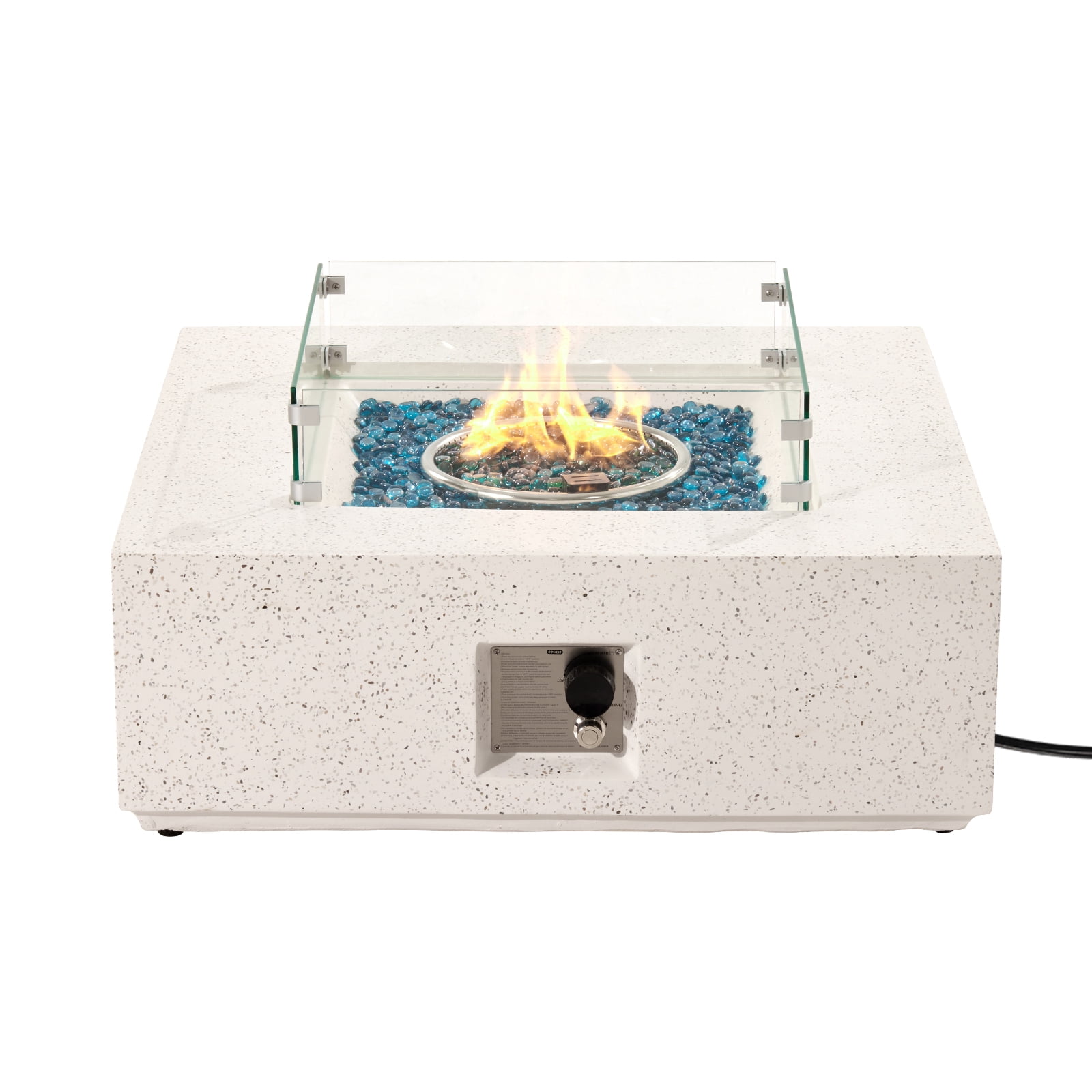 VENTOPYR Outdoor Propane Square Fire Pit Table, Terrazzo White Faux Stone 35-inch Planter Base, 50,000 BTU Stainless Steel Burner, Aqua Blue Fire Glass and Rain Cover, Metal Lid