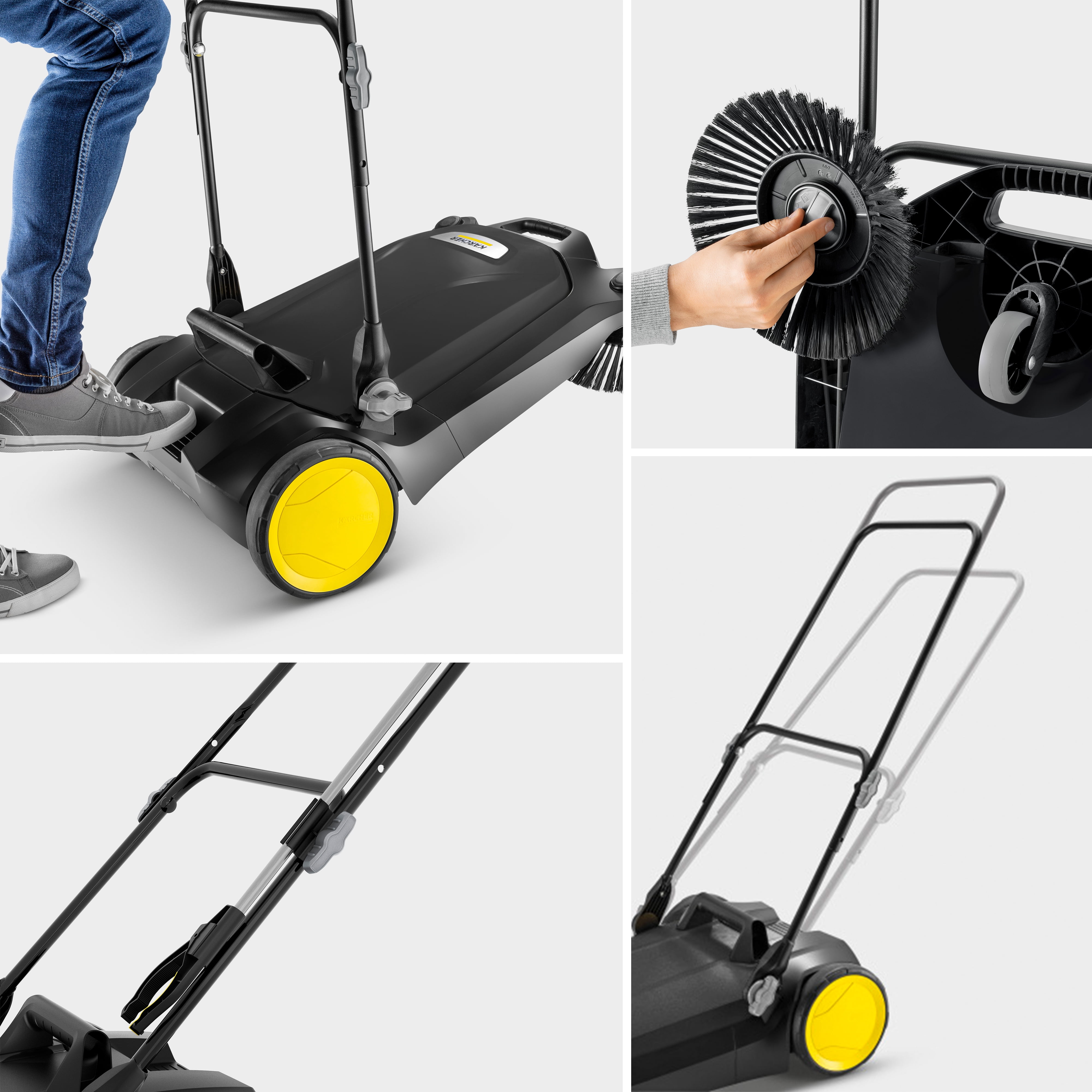 Kärcher Walk Behind Outdoor Push Sweeper S 4 Twin Go!Further for Workshops, Sidewalks, Driveways or Garages with Debris Grabber 5.25 Gallon Capacity, 26.8" Sweeping Width