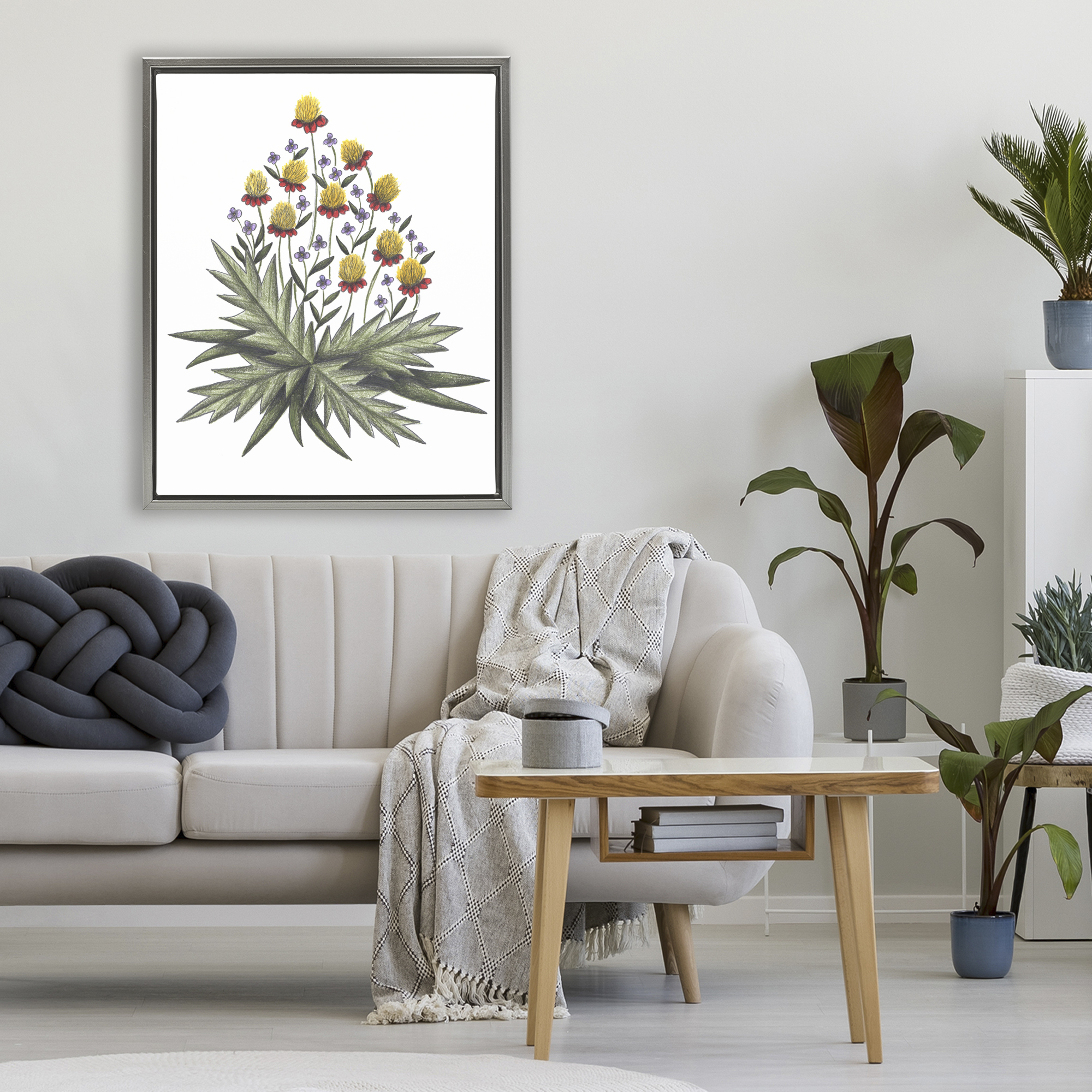 Yellow Leafy Wild Flowers Gray Framed Floater Canvas Wall Art, design by Cecilia Battaini