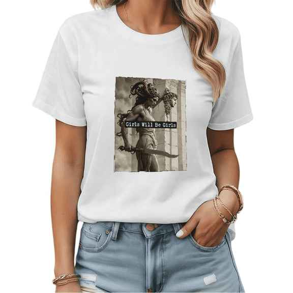 White T-Shirt Medusa "Girls Will Be Girls" Pattern Dark Fantasy Style S-5XL Tops