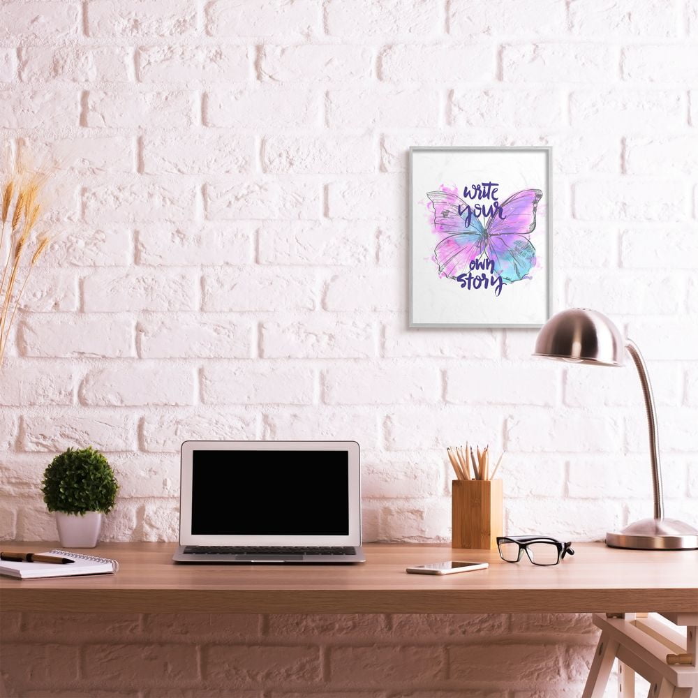 Stupell Industries Write Your Story Phrase Butterfly Wings Purple Design Framed Wall Art Design by Jennifer Paxton Parker, 16" x 20", Gray Framed