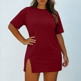 thumbnail image 5 of Beach Dresses for Women Ndbuld Women's Solid Color Loose Short Sleeve Plus Size Round Neck Dress Wine XXXXL, 5 of 7