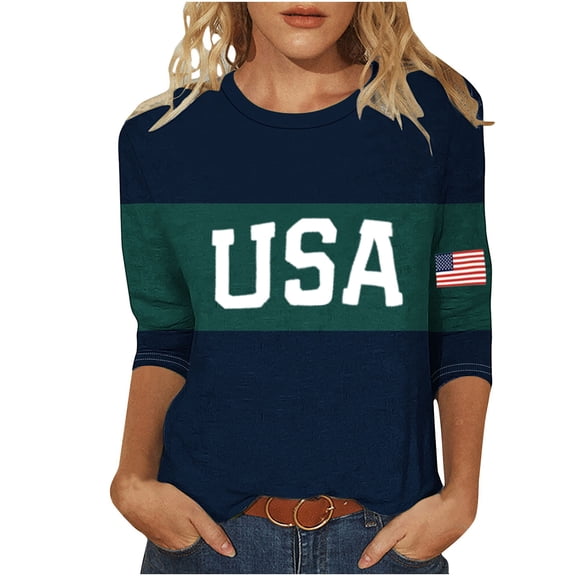 DeHolifer T-Shirts for Women USA Flag Graphic Printed Crewneck Casual 3/4 Sleeve Lightweight 4th of July Tee Tops Army Green 2XL