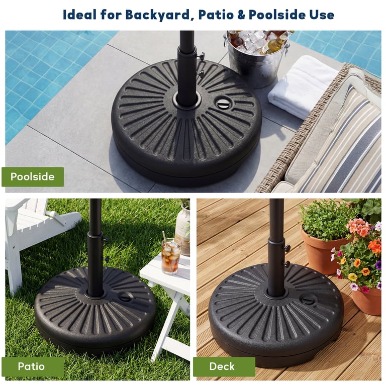 base pole for patio umbrella 19.3 Half Round Umbrella Stand 1.5-1.9 Poles, 20.9 LBS Heavy Duty Outdoor Umbrella Base Stand for Garden, Backyard, Four smooth wheels allow easy mobility and stable support for patio umbrellas. Sunnydaze Pebble Texture Resin Patio