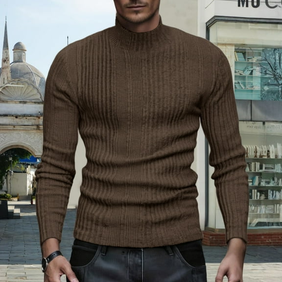 GrmtClth Sweaters for Men Slim Fit Mock Neck Pullover Tops Ribbed Warm Sweater 2025 Fall Lightweight Long Sleeve Sweaters Coffee S