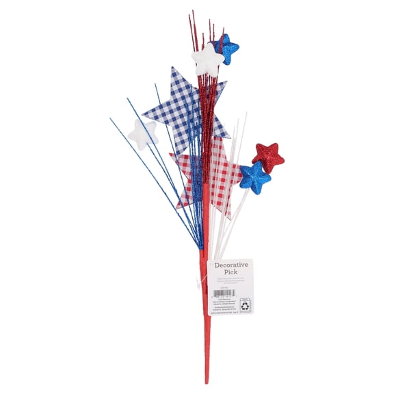 Plaid and Glitter Stars Decorative Pick, Red/White/Blue, 14.5", Patriotic by Way To Celebrate