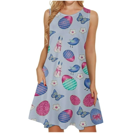 

jsaierl Womens Easter Dress Bunny Egg Graphic Casual Dresses Sleeveless Vacation Midi Dress A-Line Tank Dresses Happy Easter Gift for Women