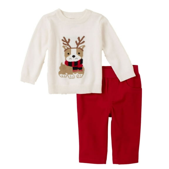 Childrens Place Infant Boys Outfit White Puppy Sweater & Red Pants Set 9-12m