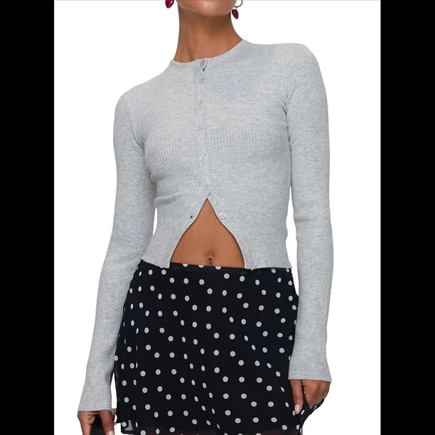 Suéter Corto Informal de Larga con Cuello Halter, Botones y Abertura Frontal para Mujer Gris XL