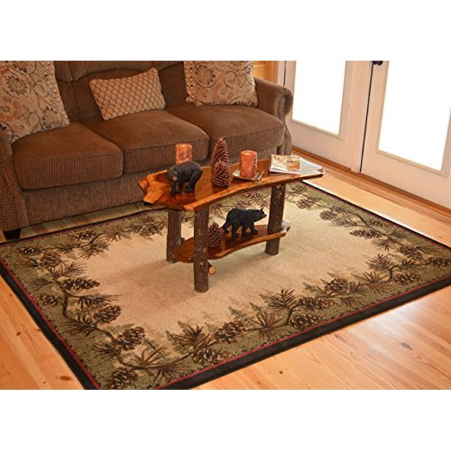 Tapis 4x6 Brun à Bordure de Cône de Pin Style Rustique Lodge, 3`11x5`3