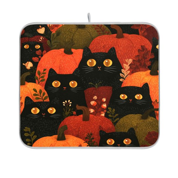 Dish Drying Mat Microfiber Kitchen Pad Large Counter Absorbent Dish Mats Drainer Rack 16"x18" Black Cat Surrounded by Pumpkins