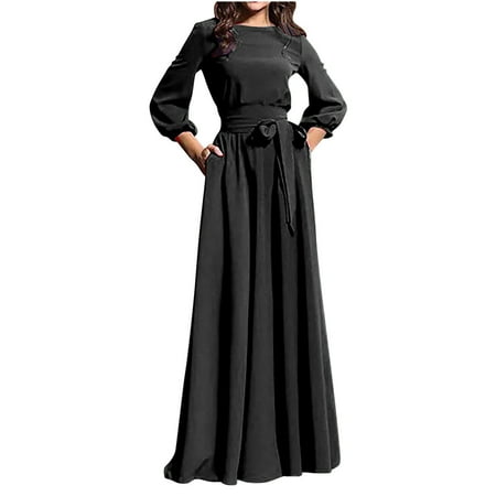 Lilgiuy Women's Long Sleeve Elegant Long Round Neck Temperament Solid Color Dress Black 2022 Fall Winter