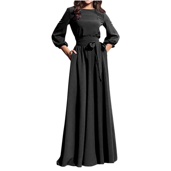 Lilgiuy Women's Long Sleeve Elegant Long Round Neck Temperament Solid Color Dress Black 2022 Fall Winter