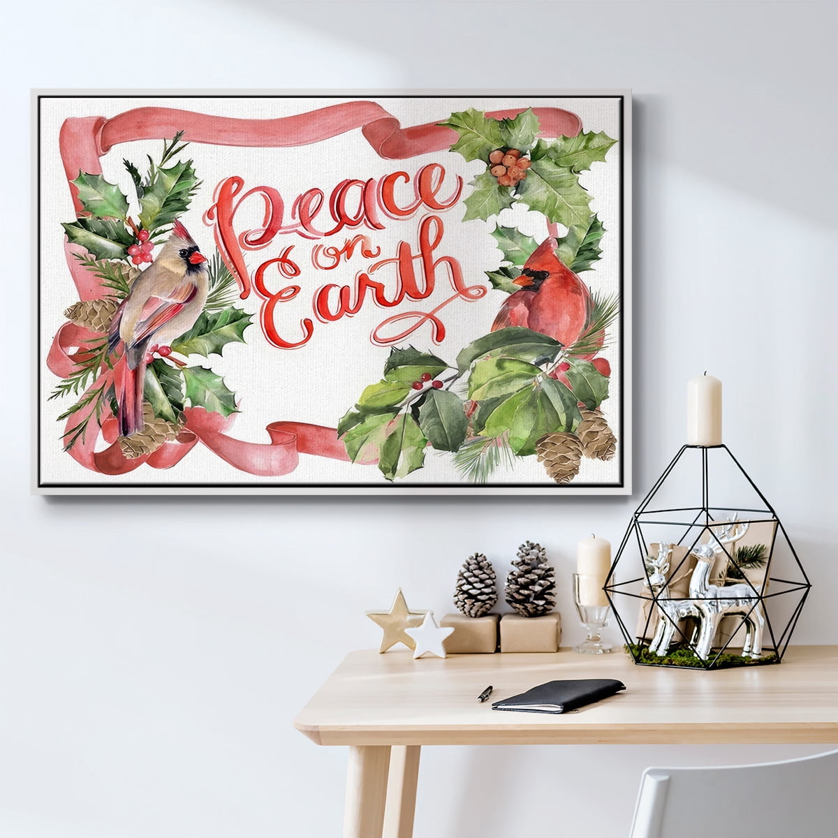 Cardinal Holly Christmas Collection A - Framed Gallery Wrapped Holiday Canvas - 27 x 41 - White Frame