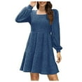 thumbnail image 5 of Ashirexll Womens Dresses Fall Slim Waist Casual Solid Color Lantern Sleeve Knitted Square Neck with Pocket Knit Pit Stripe Dress Blue M, 5 of 7